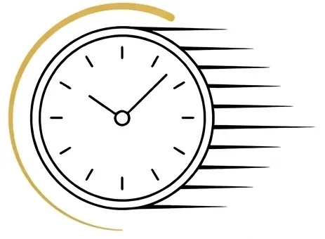 Minimalistyczna, czarno-biała grafika przedstawiająca okrągły zegar wskazówkowy w ruchu, z poziomymi liniami dynamicznymi po prawej stronie sugerującymi prędkość oraz złotym łukiem otaczającym lewą stronę tarczy.
