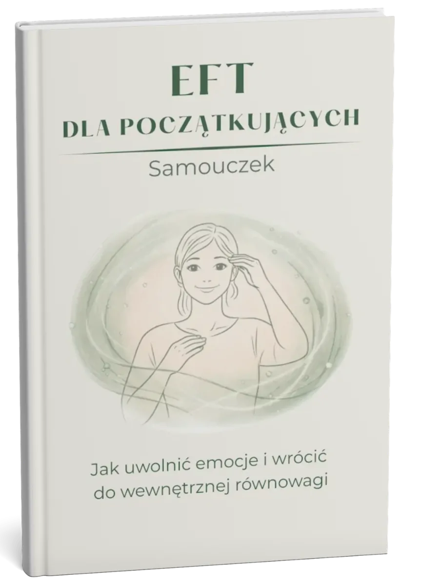 Trójwymiarowa wizualizacja książki lub e-booka o tytule „EFT dla początkujących Samouczek” z ilustracją kobiety stosującej technikę opukiwania